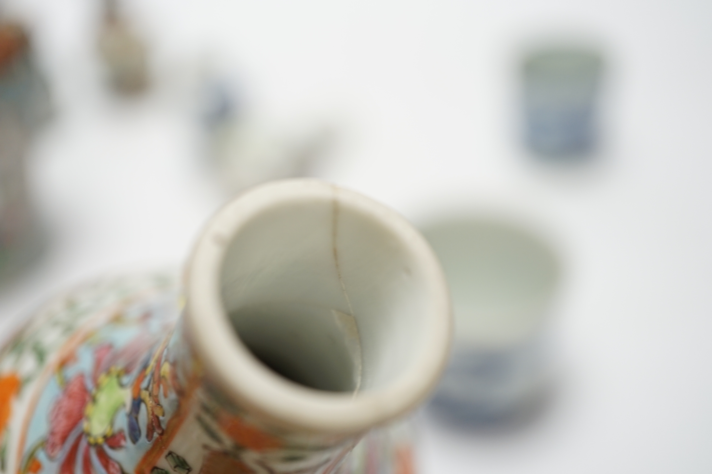 A group of Chinese famille rose small vases and blue and white items, late 19th/early 20th century (8) tallest 16cm